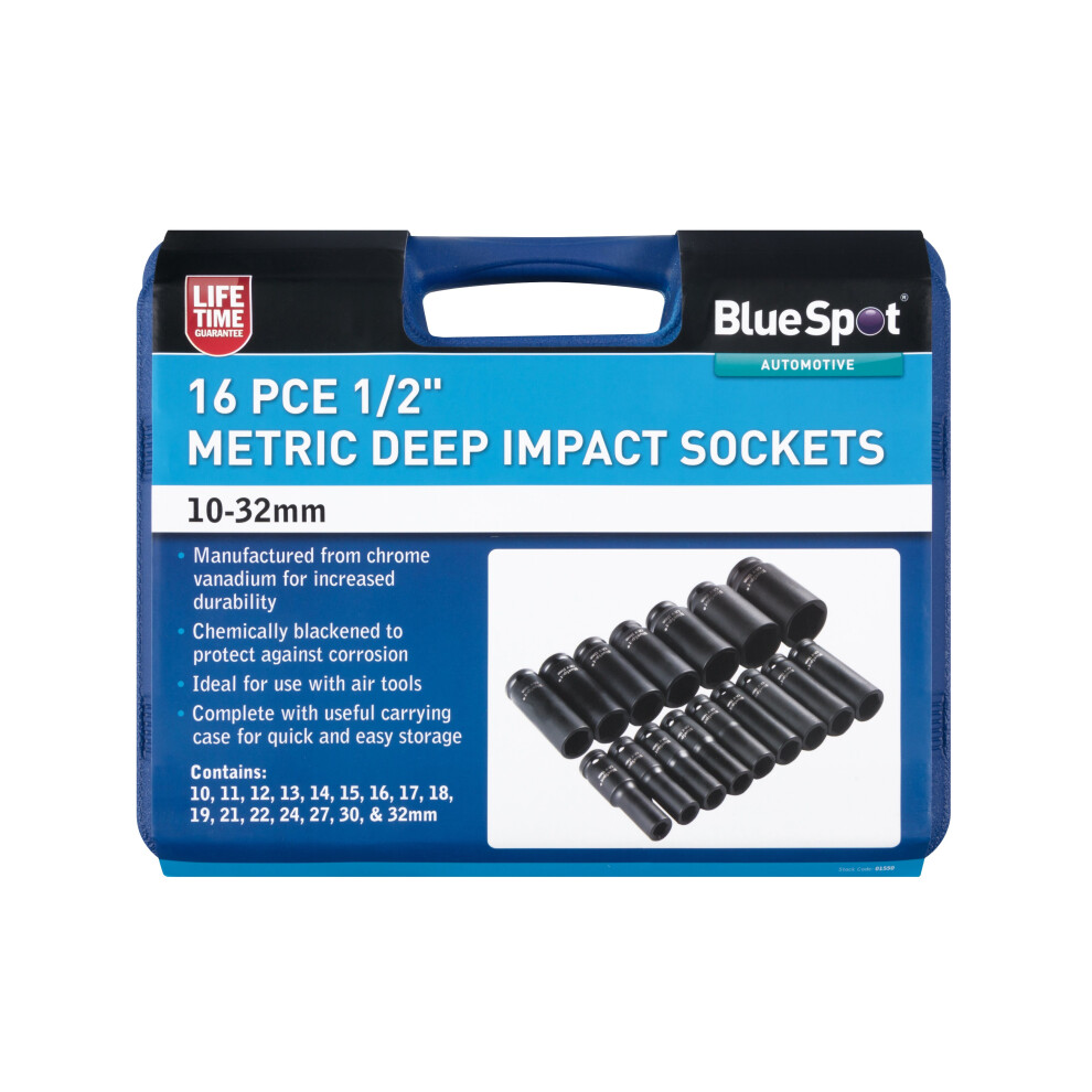 BlueSpot 01550 16 Piece 1/2" Deep Impact Sockets 10-32mm