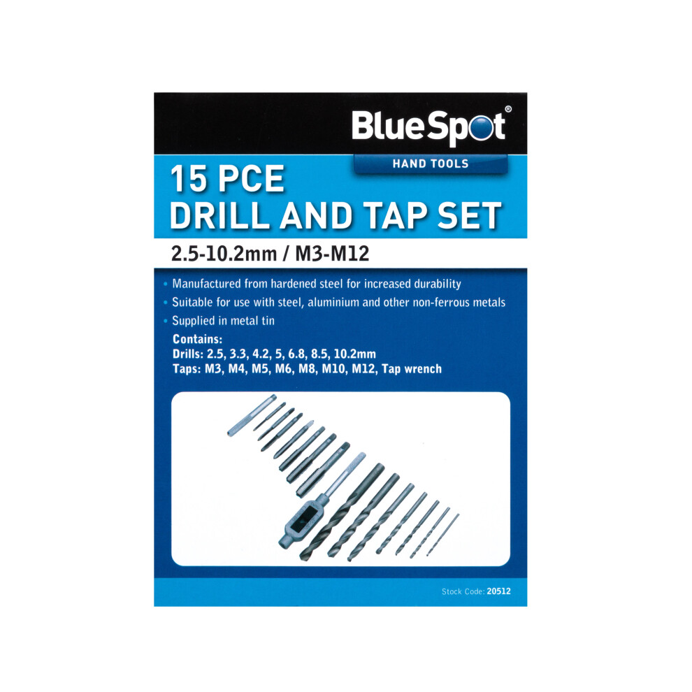 BlueSpot 20512 15 Piece Drill and Tap Set in Tin (M3-M12)