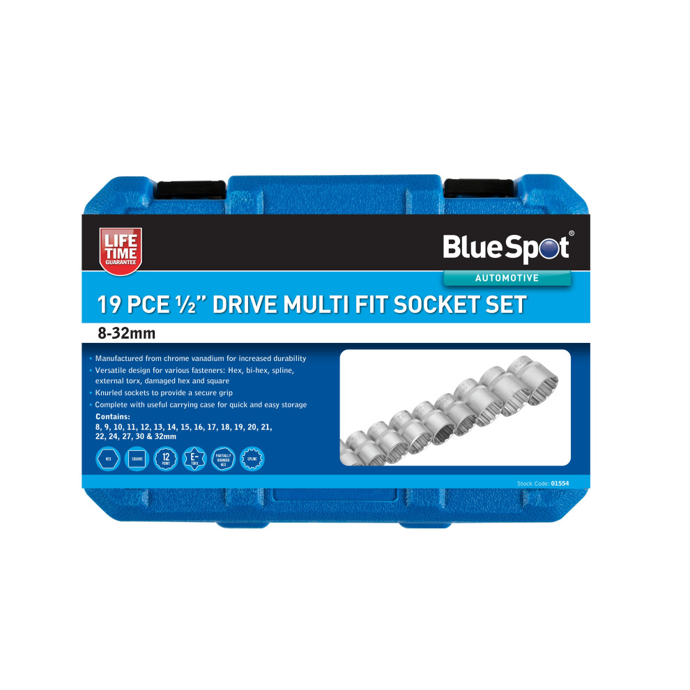 BlueSpot 01554 19Piece Multi Fit 1/2" Drive Socket Set (8-32mm)