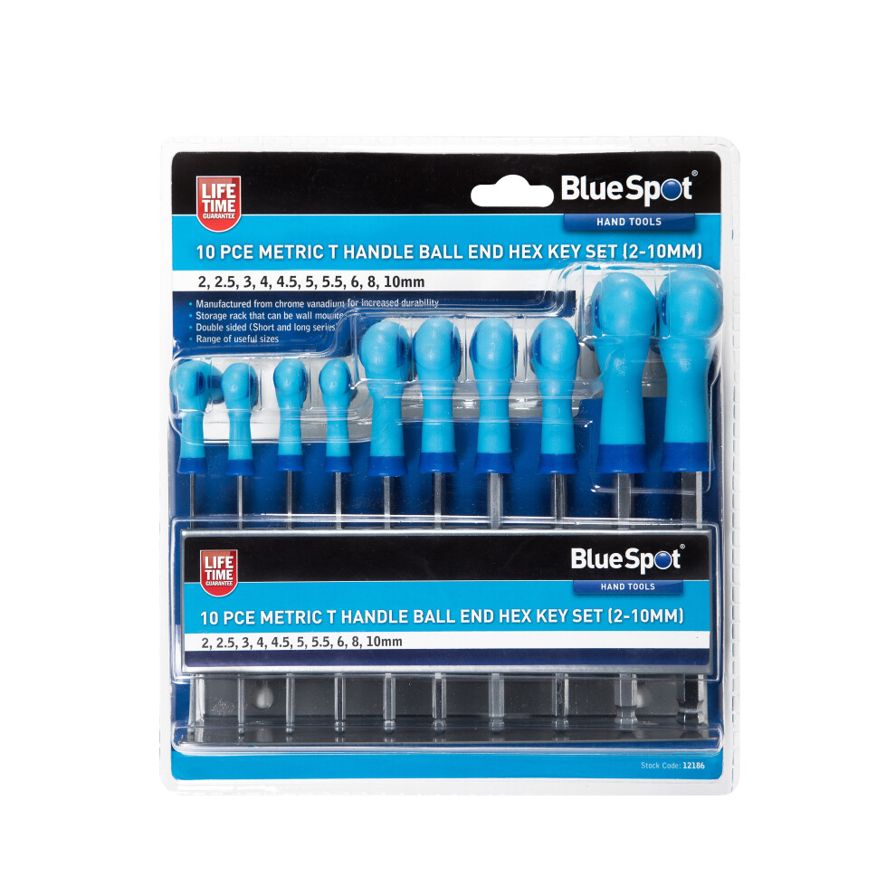 BlueSpot 12186 10 Piece Metric T Handle Ball End Hex Key Set (2-10mm)