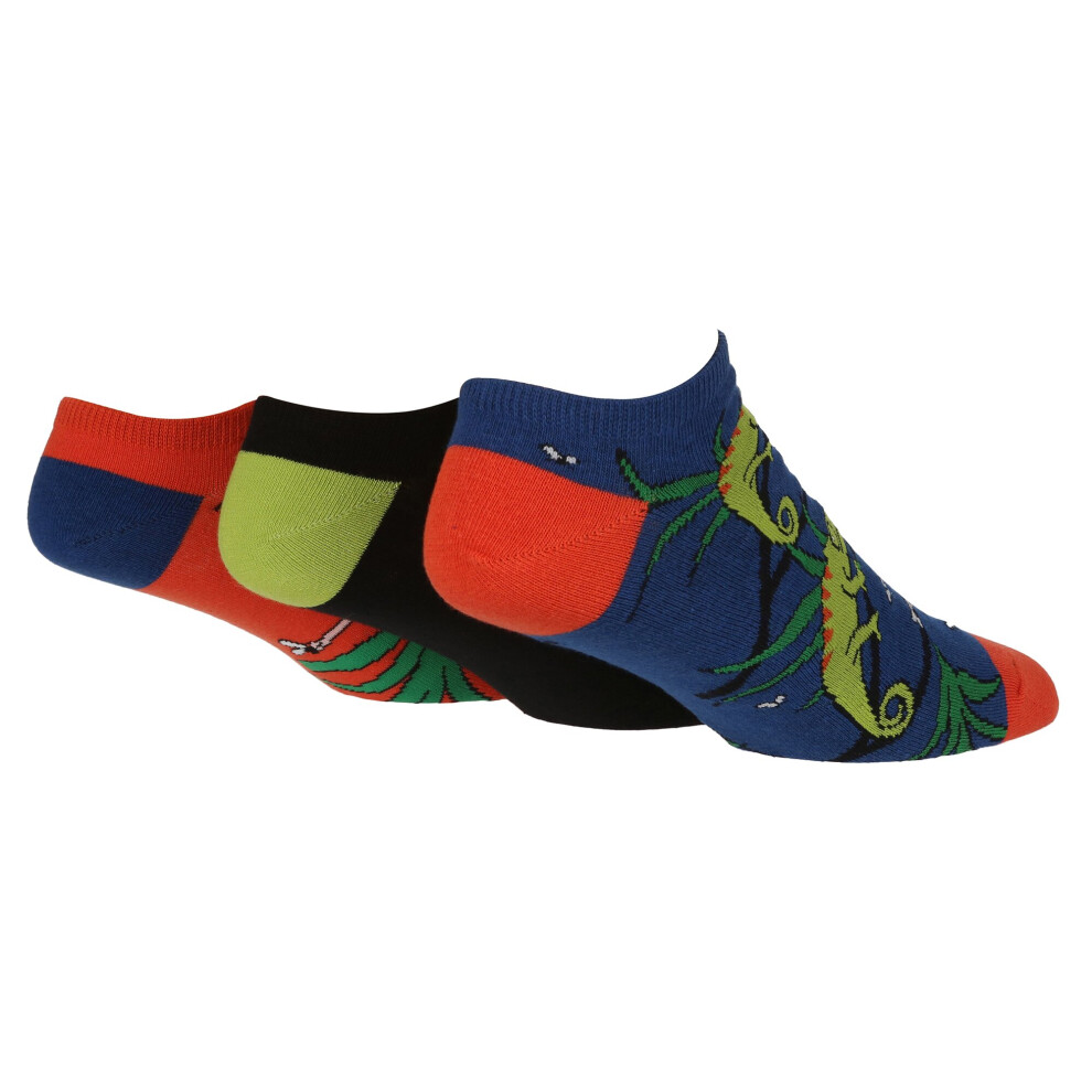 (Chameleon) Wild Feet - 3 Pack Mens Novelty Patterned Cotton Trainer Socks