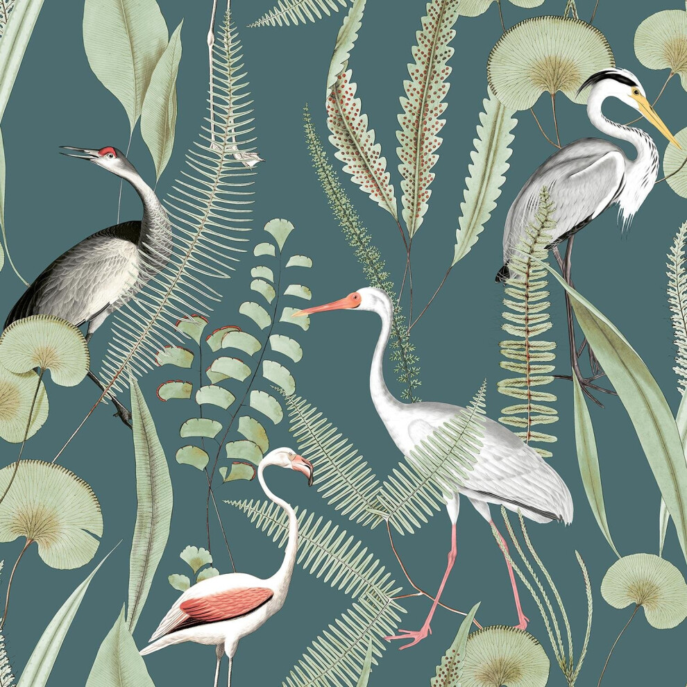 Kivu Wallpaper Muriva Birds Tropical Floral Teal Green Natural