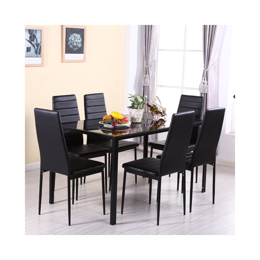 Set of 6 Modern Faux Leather Dining Chairs and Tempered Glass Table