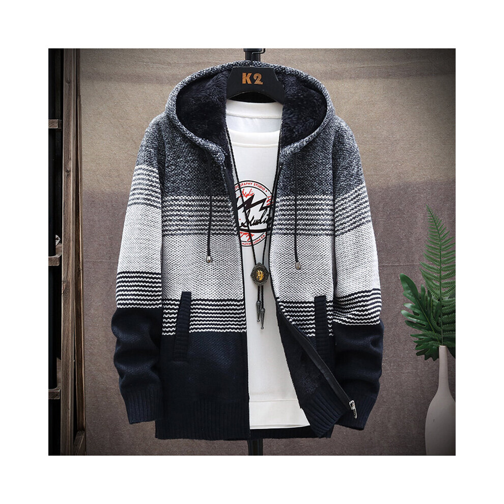 (Dark Grey, 3XL) Men's Plus Size Drawstring Loose Stripes Fit Hooded Sweatshirt Casual Zip Hoodie