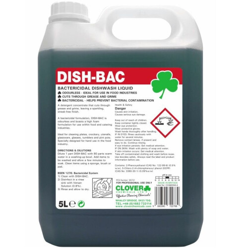 Clover Dish-Bac Bactericidal Washing Up Liquid ~ 2x5 Litre