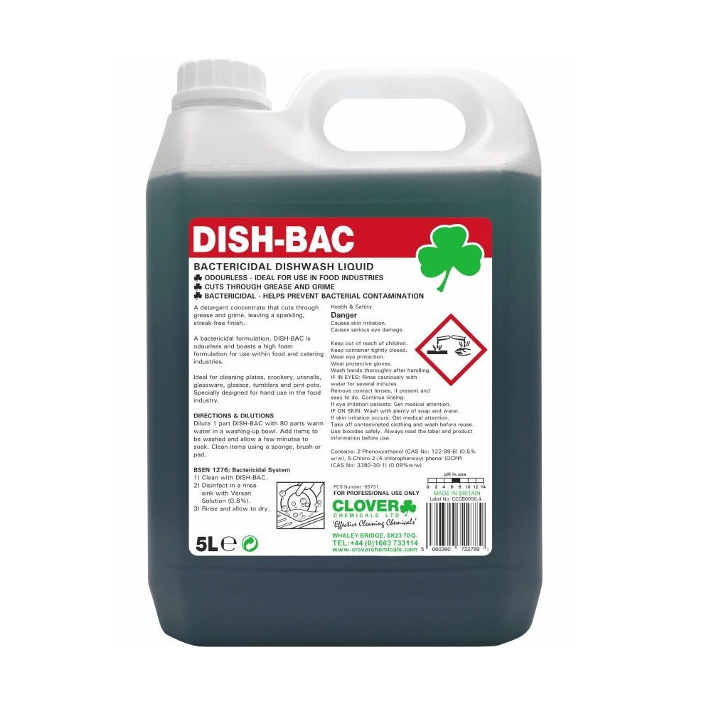 Clover Dish-Bac Bactericidal Washing Up Liquid ~ 2x5 Litre