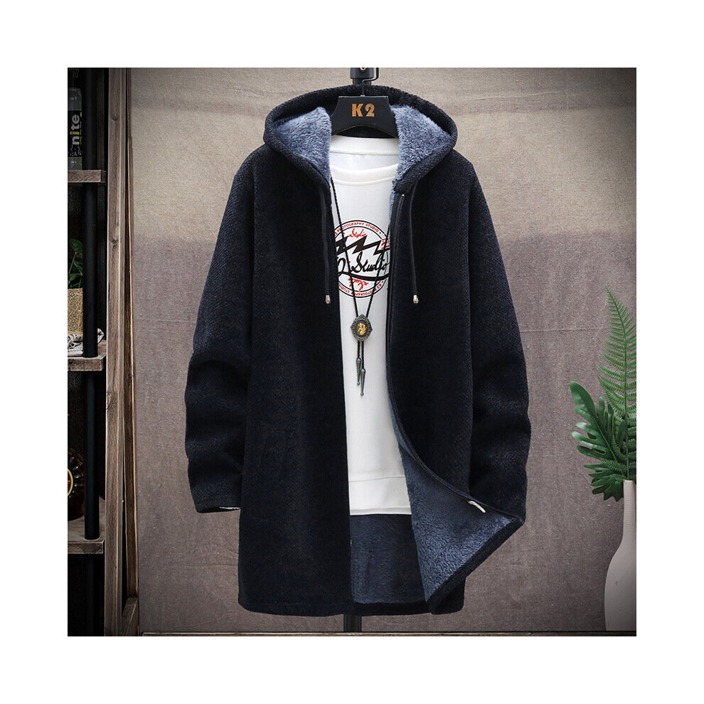 (Black, M) Men's Casual Midi Long Hooded Cardigan Sweater Jumper Loose Blazer Jacket Coat