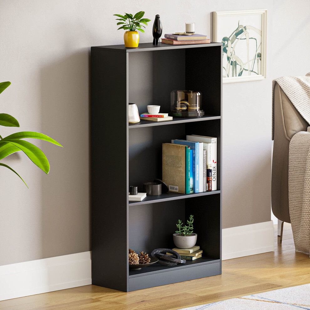 (Black) Cambridge 3 Tier Bookcase Wide Shelf Book Storage