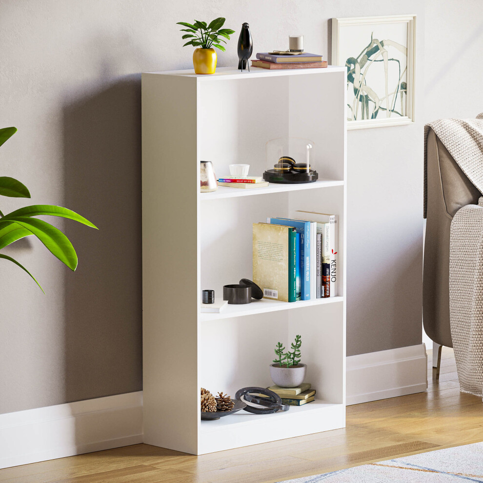 (White) Cambridge 3 Tier Bookcase Wide Shelf Book Storage