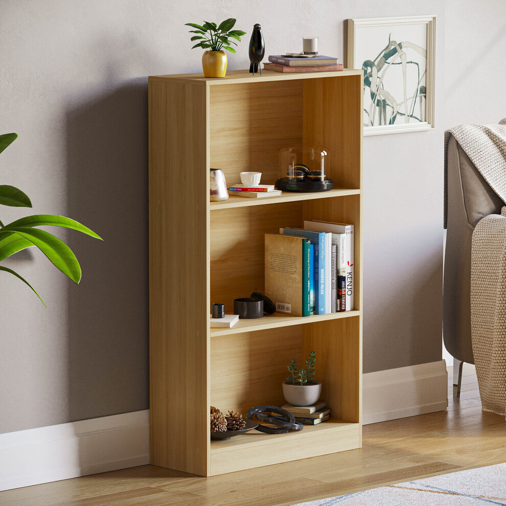 (Oak) Cambridge 3 Tier Bookcase Wide Shelf Book Storage