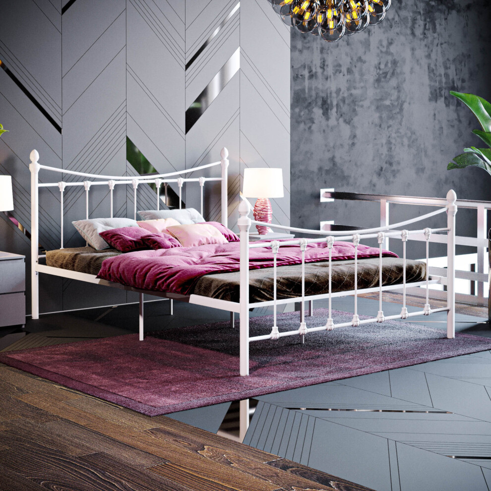 (Double, White) Paris Metal Bed Frame Curved High Foot Slatted