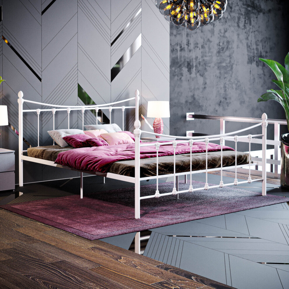 (King Size, White) Paris Metal Bed Frame Curved High Foot Slatted