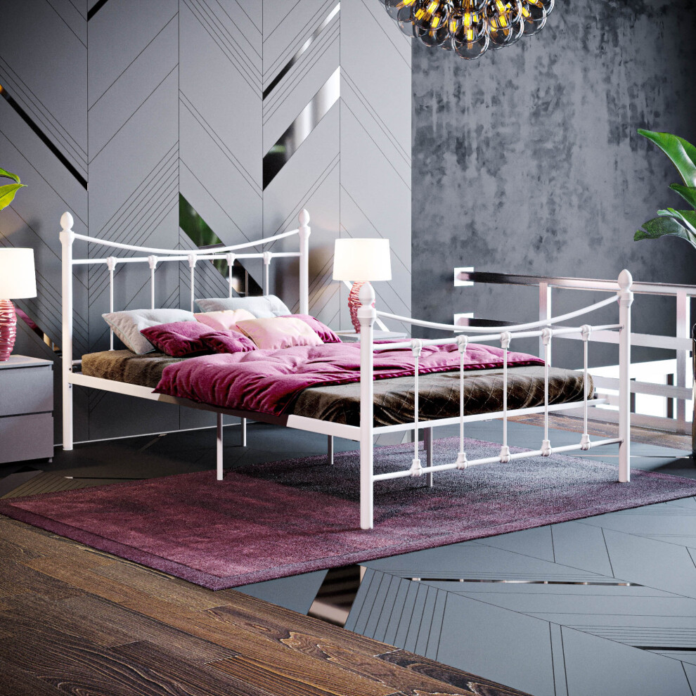 (Small Double, White) Paris Metal Bed Frame Curved High Foot Slatted