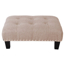 Small Beige Linen Buttoned Footstool Ottoman - Chesterfield Style, 50x37x20 cm, Solid Oak Legs
