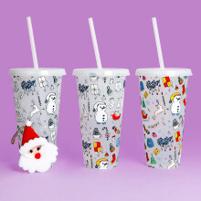 (Christmas, 5 PCS) Loving Christmas Colour Changing Plastic Cold Cup with Straw, 24oz