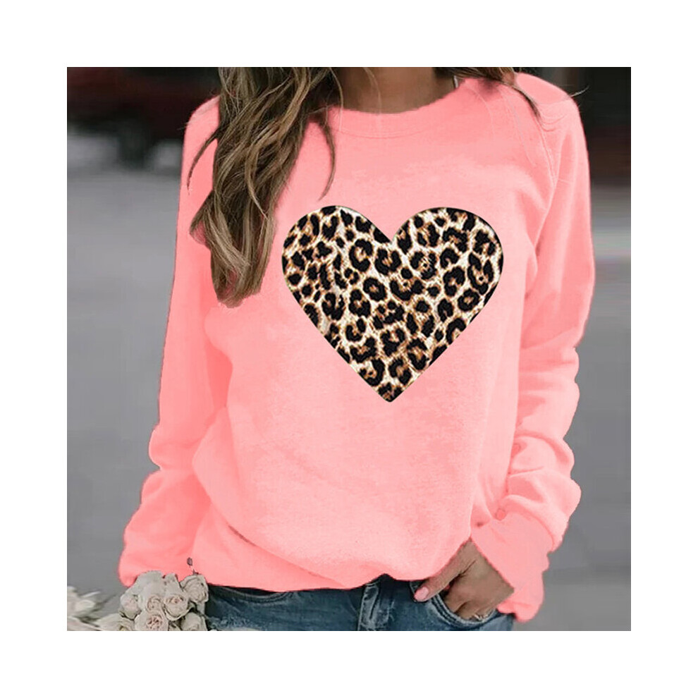 (Pink, XL) Women Crew Neck Long Sleeve Leopard Print Hoodie Sweatshirt Heart Print Blouse