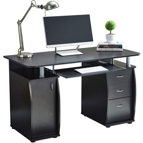 RayGar Deluxe Computer Desk With Cabinet and 3 Drawers - Black 1