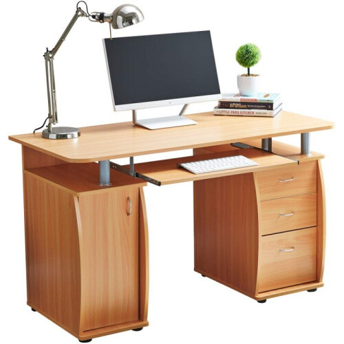RayGar Deluxe Computer Desk With Cabinet and 3 Drawers - Beech 1