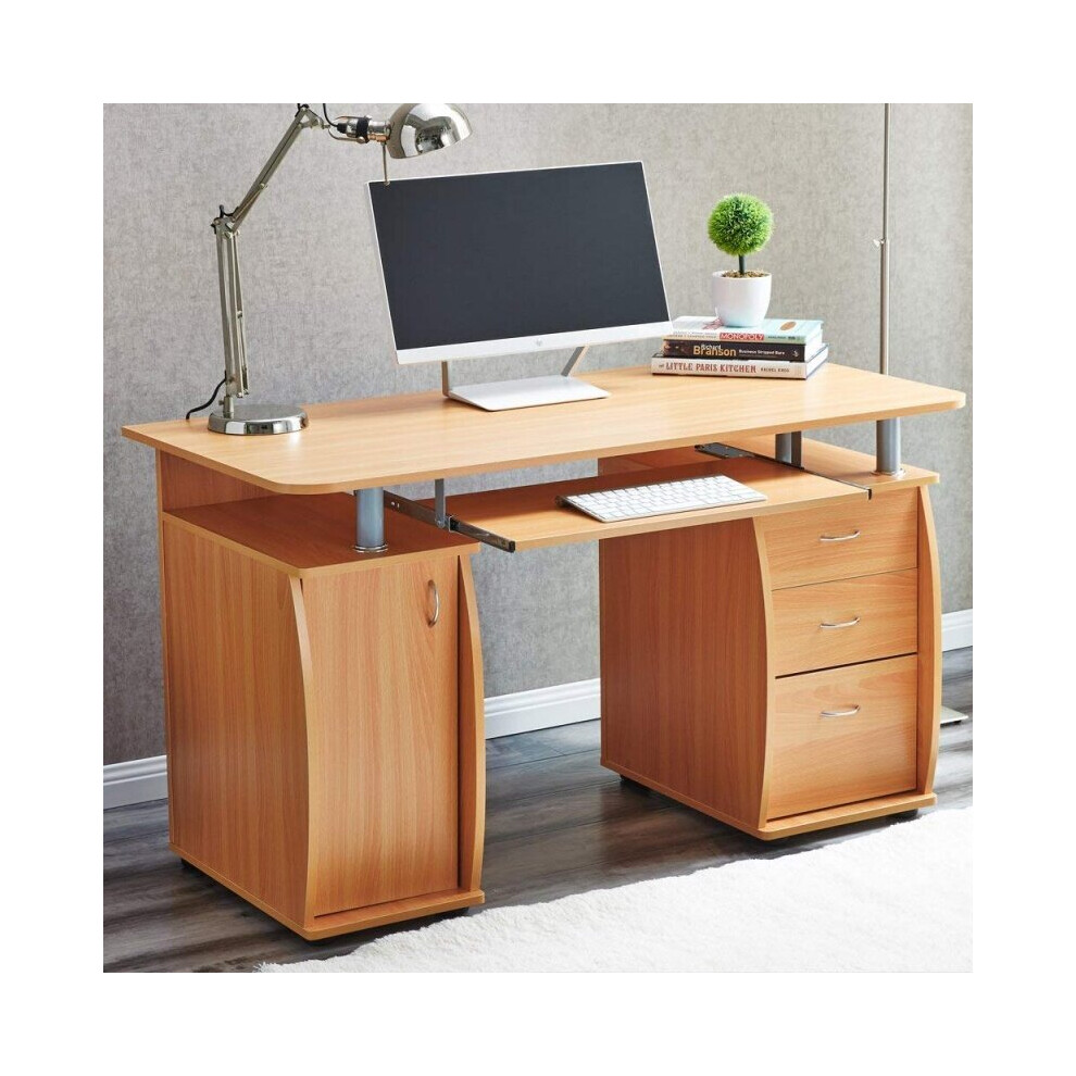 Raygar Deluxe Computer Desk With Cabinet And 3 Drawers - Beech Brown