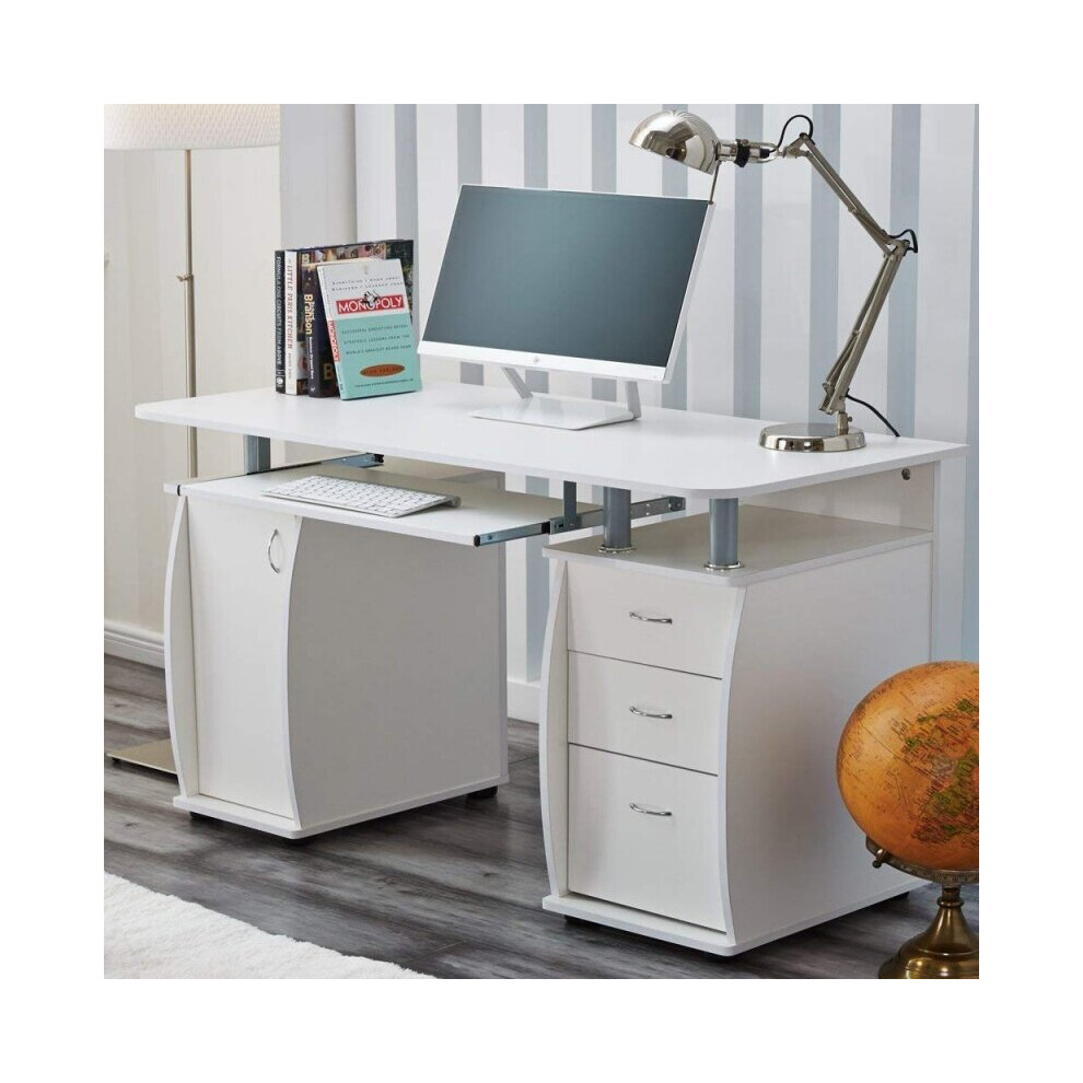 RayGar Deluxe Computer Desk With Cabinet and 3 Drawers - White