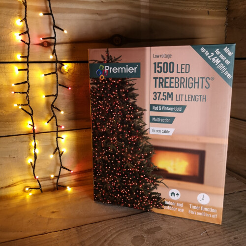 Premier 1500 LED 37.5m Premier TreeBright Christmas Tree Lights Timer Red & Vintage Gold 1