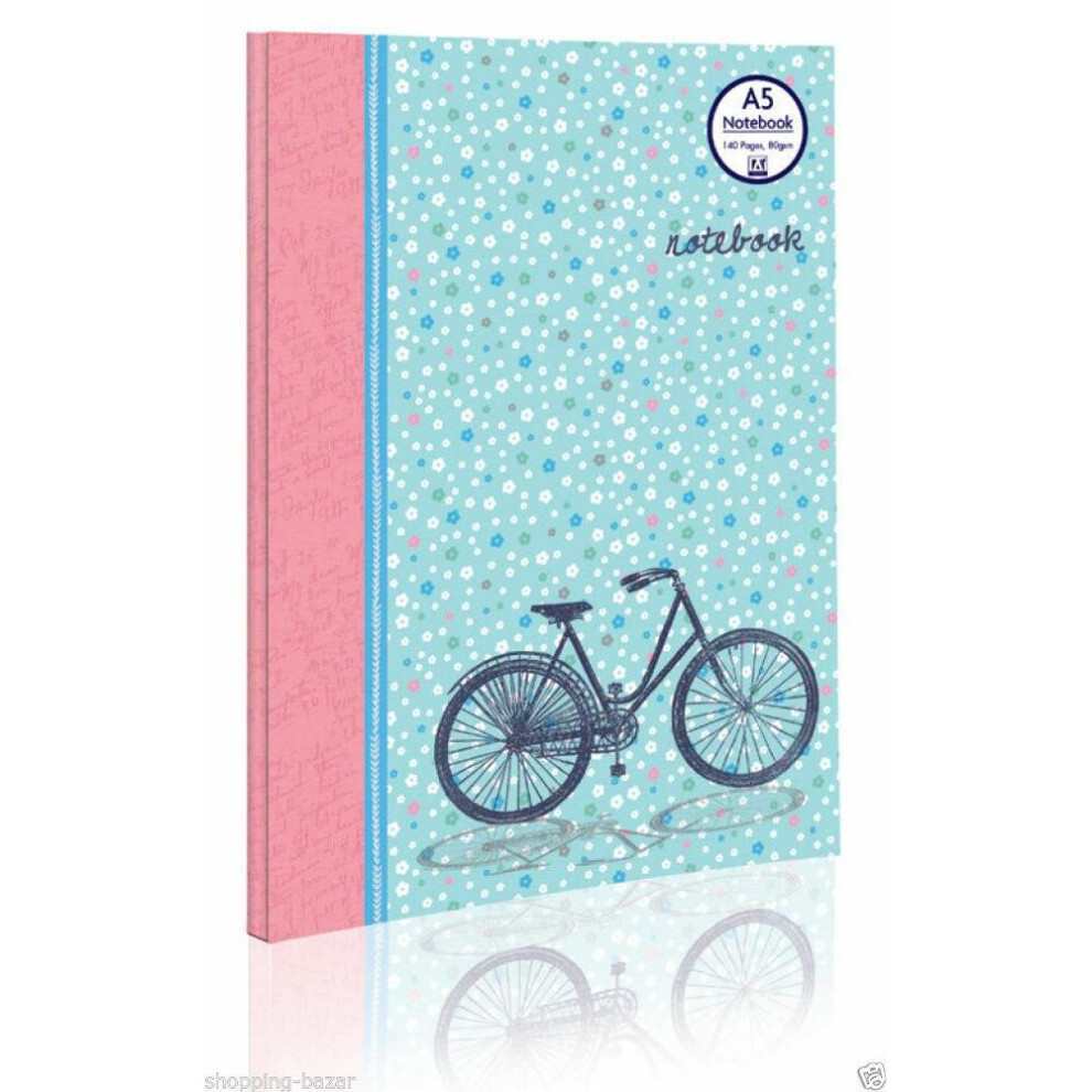 Notebook A5 Vintage Floral Bike Bicycle Hard Cover Ruled 140 Pages Notepad 80gsm