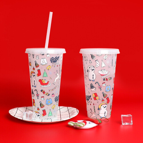 (Christmas, 1 PC) Loving Christmas Colour Changing Plastic Cold Cup with Straw, 24oz 1
