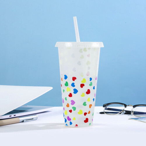 (Transparent, 5 PCS) Loving Christmas Colour Changing Plastic Cold Cup with Straw, 24oz