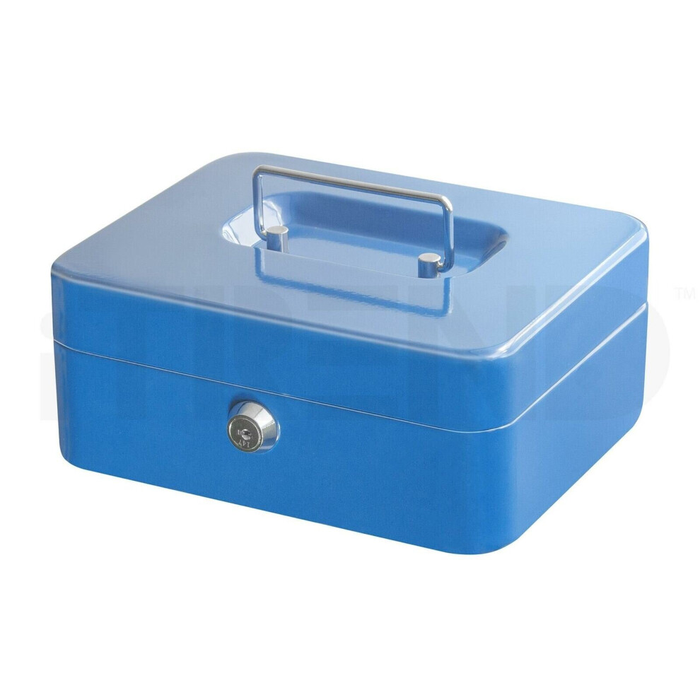 Blue Metal Cash Box Money Bank Deposit Steel Tin Security Safe Petty Key