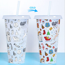 (Christmas, 1 PC) Loving Christmas Colour Changing Plastic Cold Cup with Straw, 24oz