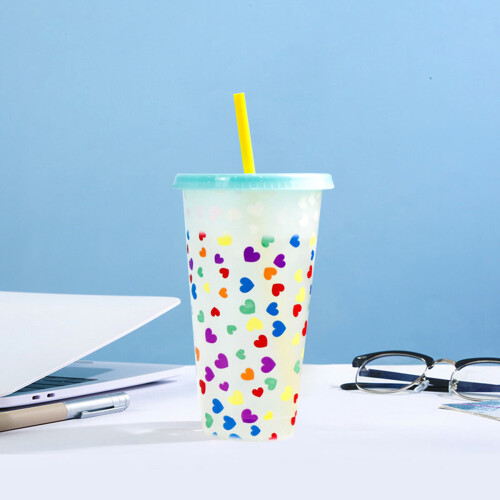 (Sky Blue, 5 PCS) Loving Christmas Colour Changing Plastic Cold Cup with Straw, 24oz