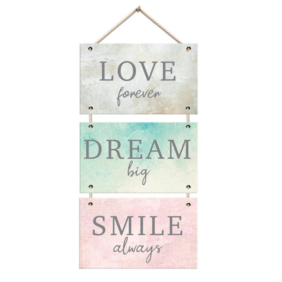 Wooden Wall Art 3 Piece Hanging Plaque Love Forever Dream Big Smile Always