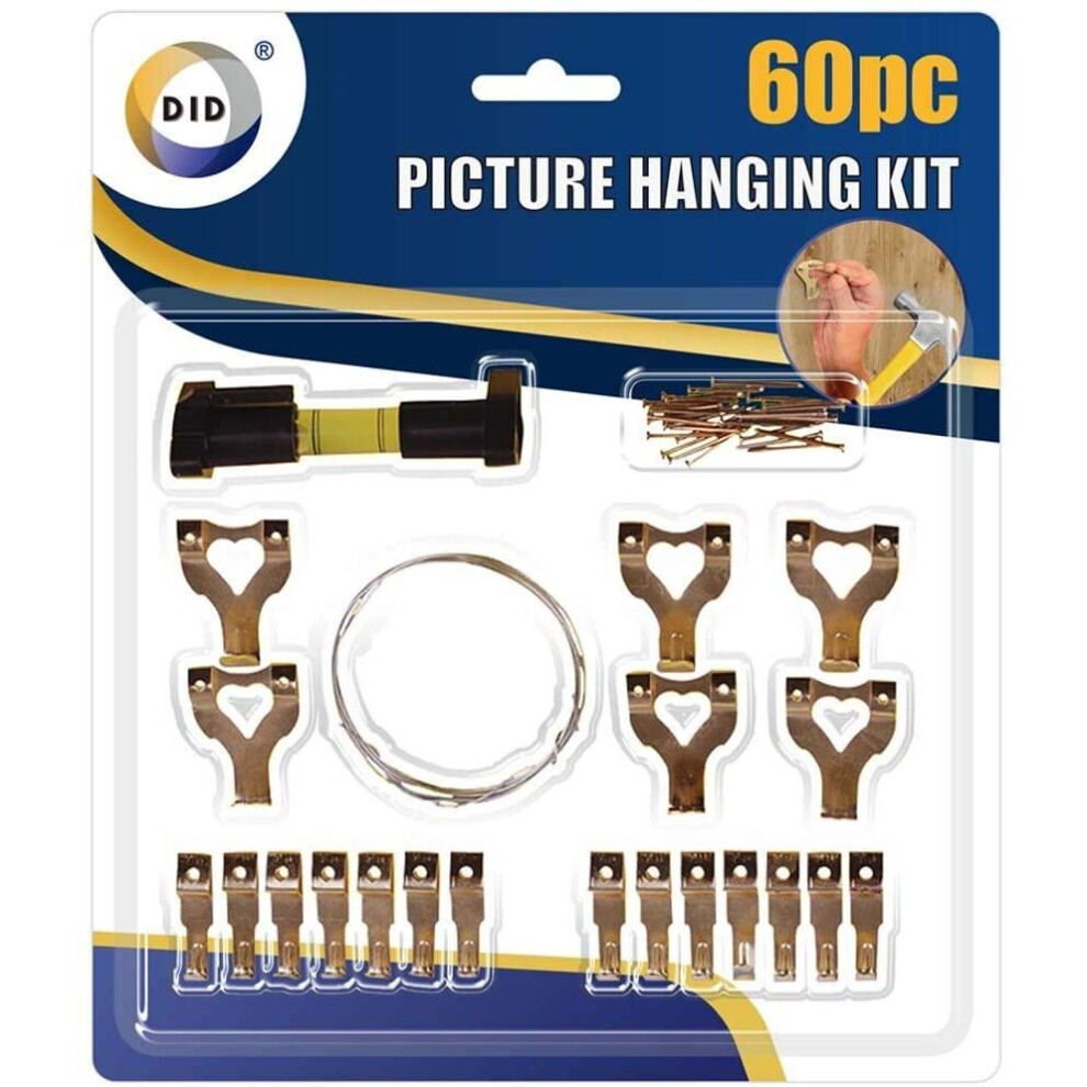 60PC Picture Hanging Kit Mirror Photo Frame Hooks Brass Nail Level Wire Wall