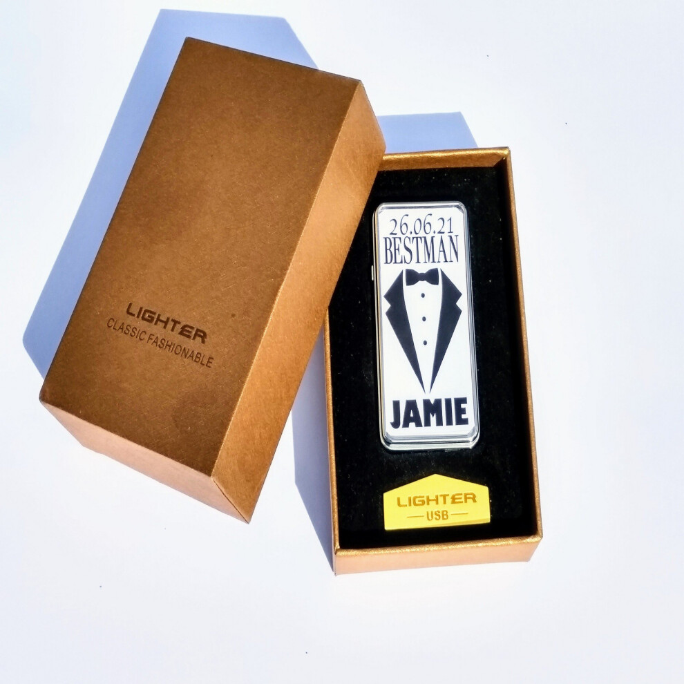 Personalised Gift Products Personalised Best Man Gift Boxed Rechargeable Silver Metal Usb Lighter Wedding Favour