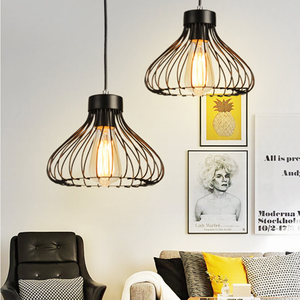 2 Pack Industrial Hanging Light Retro Ceiling Light Antique Vintage Pendant Light Black Metal Cage Pendant Lamp E27 Bulb