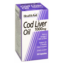 Health Aid Cod Liver Oil 1000mg - 30 Caps | High-Strength Omega-3 (EPA 114mg, DHA 102mg) + Vitamins A 5000IU, D 400IU, E (Norwegian, Cold-Pressed)