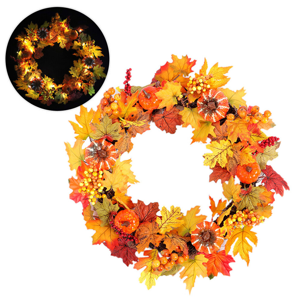 Living And Home 50Cm Autumn Leaf Artificial Maple Pumpkin Berry Wreath With Led Light