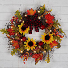 Autumn Maple Leaf Wreath LED Lighted Sunflower Door Garland Xmas Home Decor 45cm