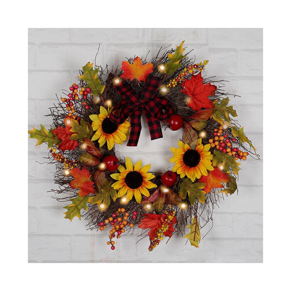 Autumn Maple Leaf Wreath LED Lighted Sunflower Door Garland Xmas Home Decor 45cm