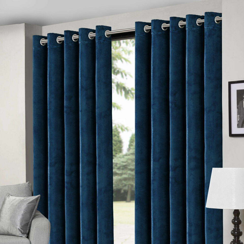 (Blue, 90''x90''(228x228cm)) Crushed Velvet Eyelet Ring Top Ready Made Curtains