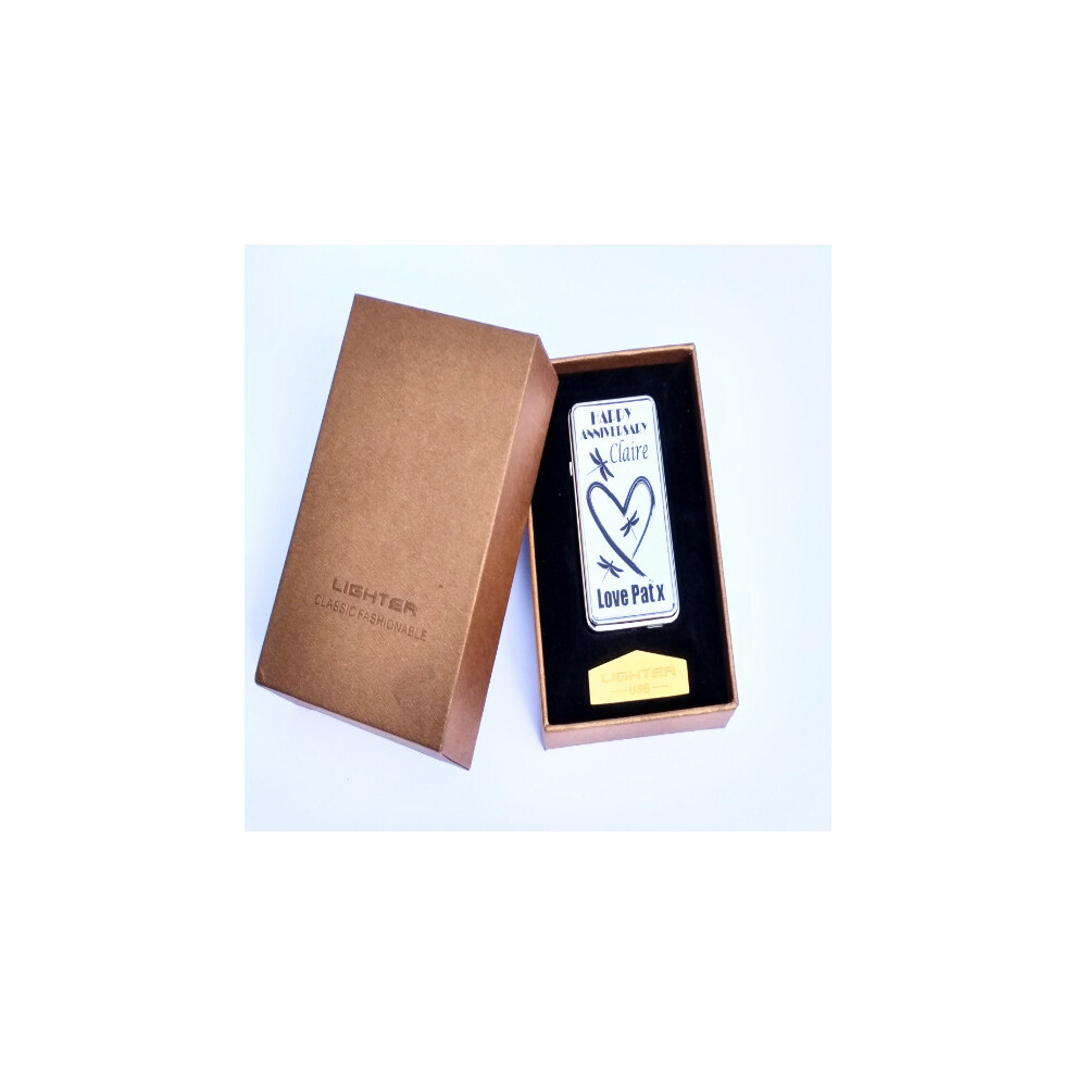 Personalised Gift Products Silver Personalised Heart & Dragonfly Any Occasion Gift Boxed Rechargeable Metal Usb Lighter