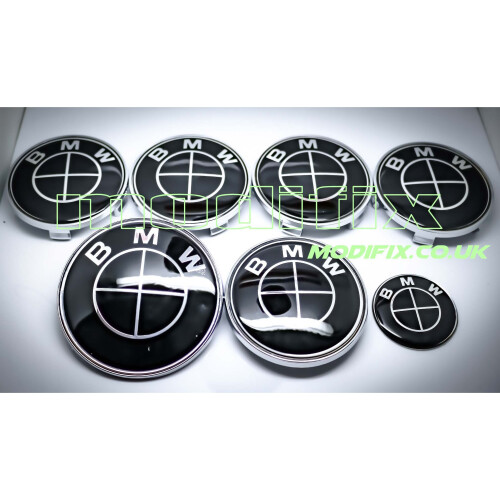 modifix_co_uk BMW FULL BLACK Emblem Badge 7pcs Set: Front + Rear + Centre Caps + Decal 2