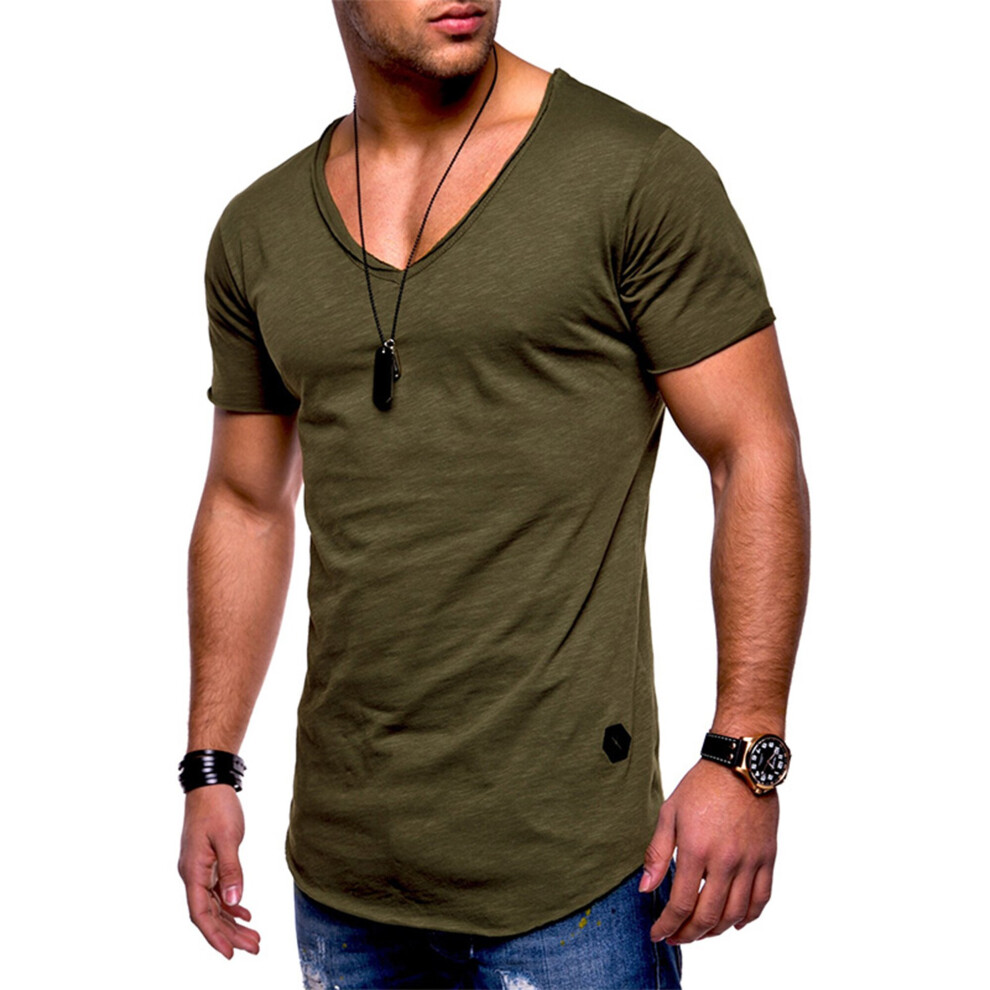 (Army Green, M) Men's Solid V-Neck Short Sleeve Tops Casual T-Shirt Summer Blouse Pullover Tunic