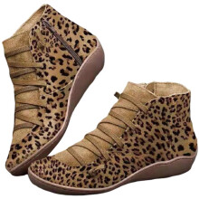 (Brown, 39) Women Boot Ankle Booties Leopard Print Flat Wedge Heel Round Toe Keep Warm Shoes