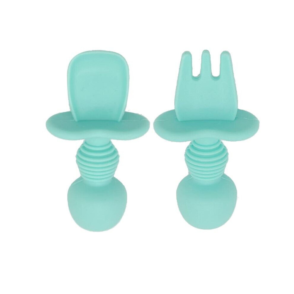 ( Set) Baby Food Supplement Silicone Soft Fork, Spoon Tableware Set Sky Blue