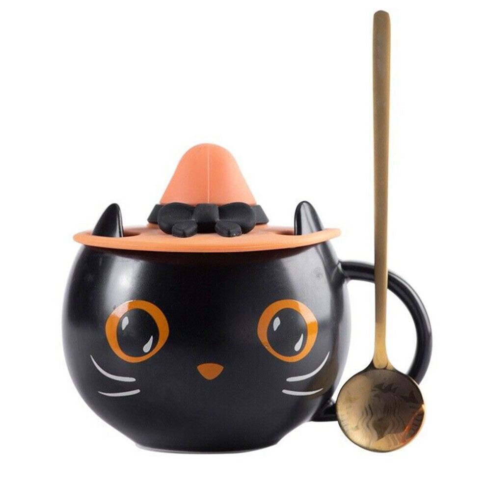 NEW Starbucks Black Cat W/ Cap Lid&Spoon Coffee Mug Cup Hallowmas Good Gift