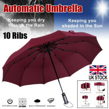 Windproof Strong Automatic Open Close Folding Compact 10 Rib Umbrella