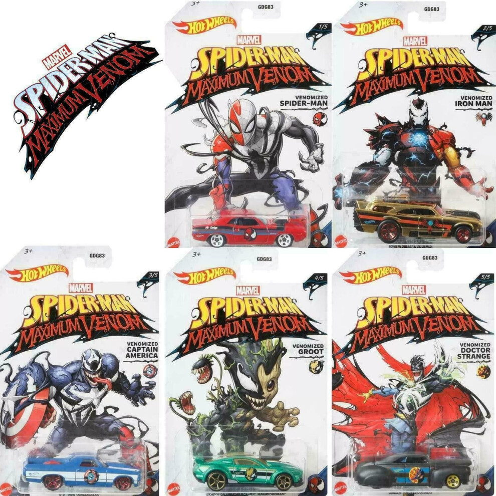 Mattel Hot Wheels Spiderman Maximum Venom 5 Character Cars - Full Set