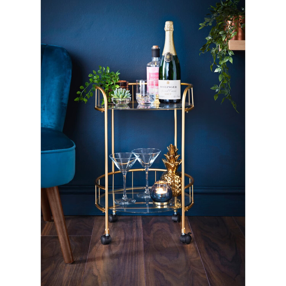 Stylish Gold Drinks Trolley Two Glass Shelves Bar Cart Serving Table