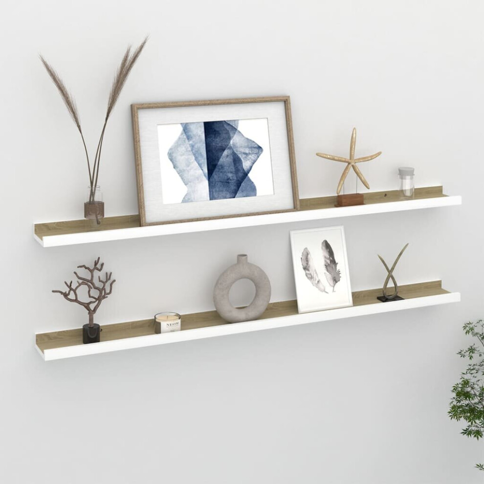 vidaXL 2x Wall Shelves White and Sonoma Oak 100x9x3 cm Hanging Display Racks